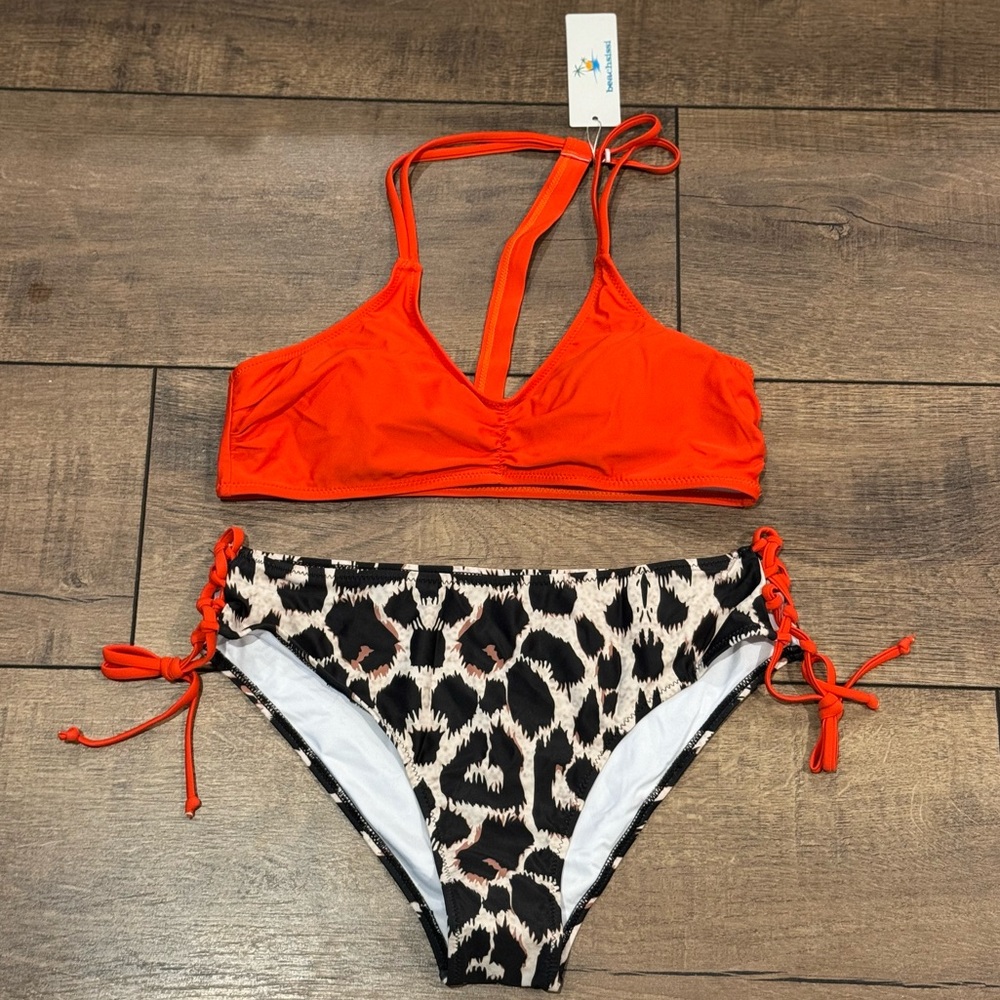 Women’s Beachissi High Waisted Cheetah Print & Red Swimsuit Bikini *NWT*